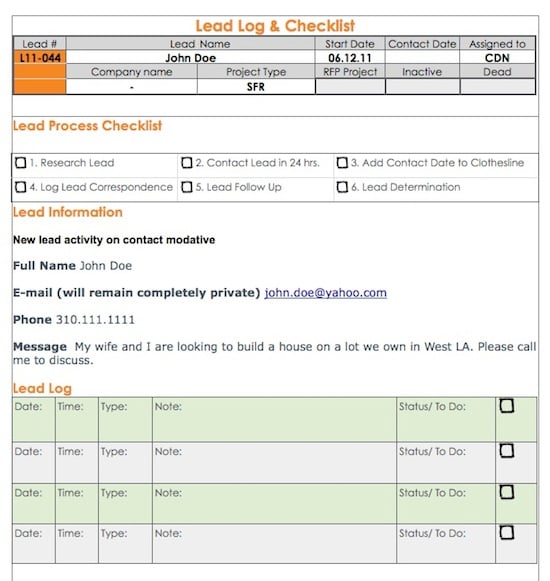 modern architects marketing lead log